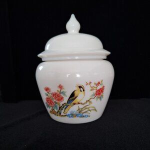 AVON VINTAGE White Milk Glass Lidded Glass Ginger Jar Bird and Flowers
